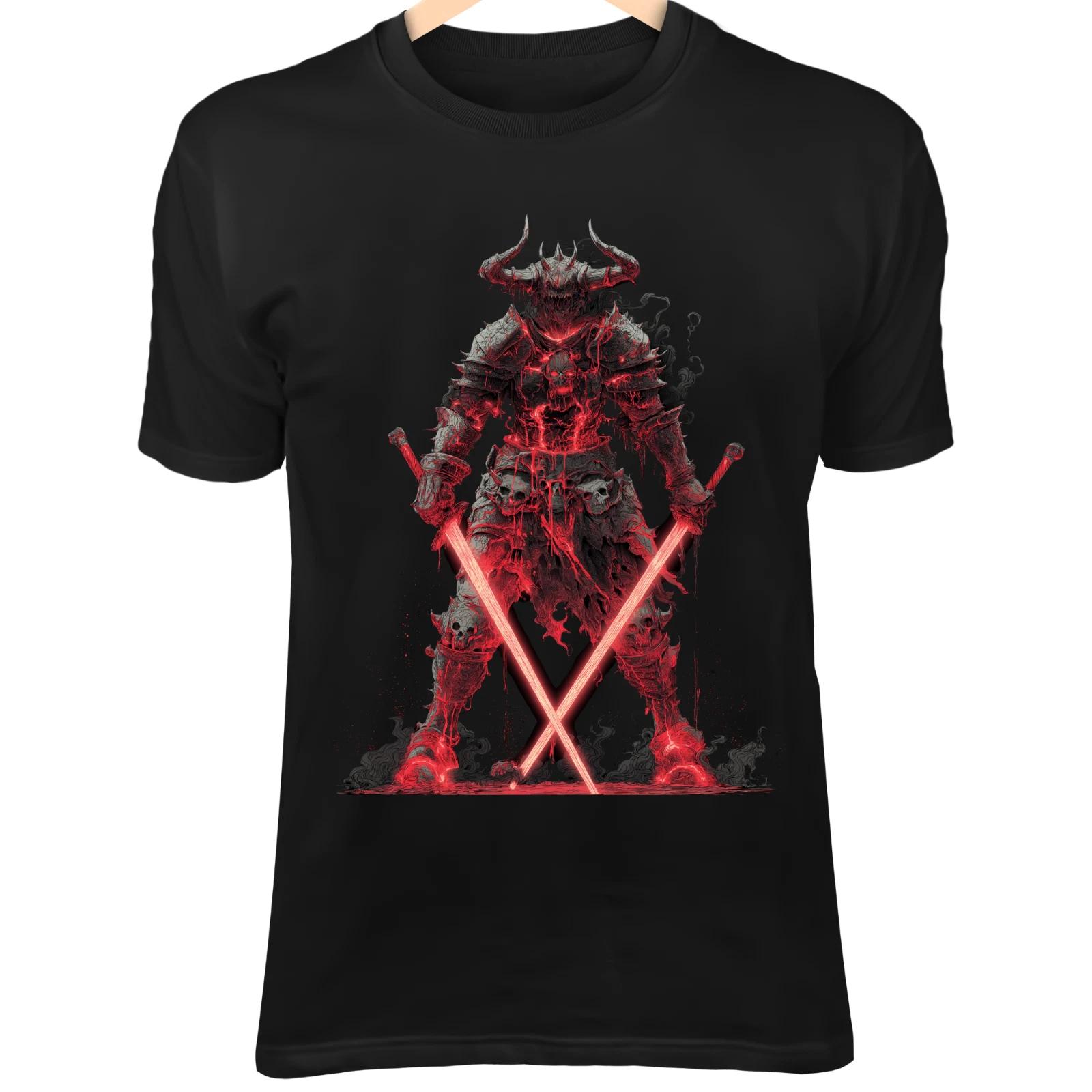 Demonic Warlord T-Shirt – Twin Swords, Molten Veins, Skull Horned Helmet Art S