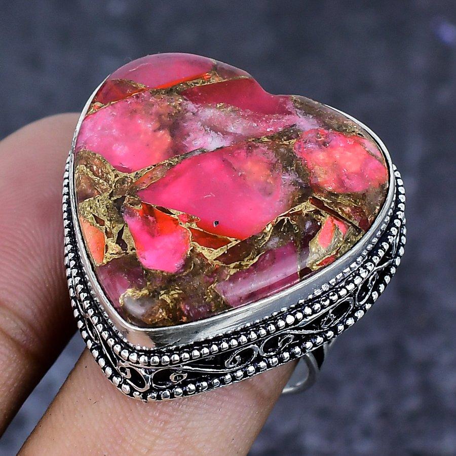 Natural Copper Red Coral Gemstone 925 Sterling Silver Jewelry Ring Size 9 ETC-13887