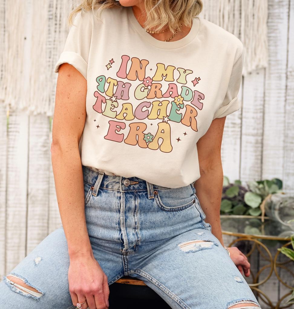 In My 4th Grade Era In My Teacher Era Shirt Retro Fourth Grade Shirt Back To School Shirt Plus Size Teacher Clothes Groovy Teacher Apparel