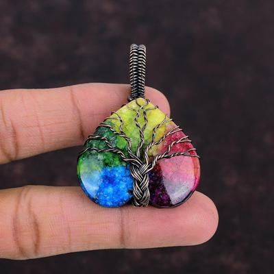 Pendentif Arbre de Vie Druse Quartz Solaire Arc-en-Ciel Fil de Cuivre Enroulé Pendentif Pierre Précieuse Magnifique Bijou en Cuivre Cadeau Pour Maman Pendentifs Faits Main