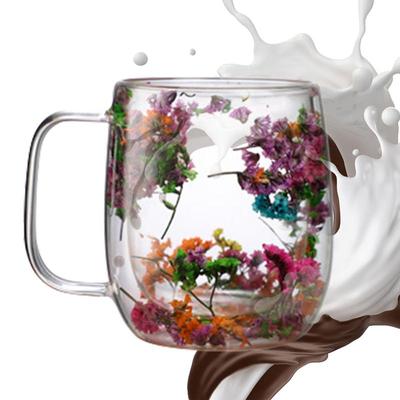 Doppelwandige Glasbecher, doppelwandige Tasse mit getrockneten Blumen für Kaffee, hitzebeständige Tasse mit getrockneten Blumen, doppelwandige Glastasse für kalte