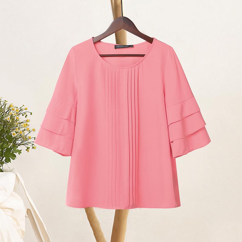 ZANZEA Bluză obișnuită, lejeră, cu mâneci 3/4, cu gât rotund