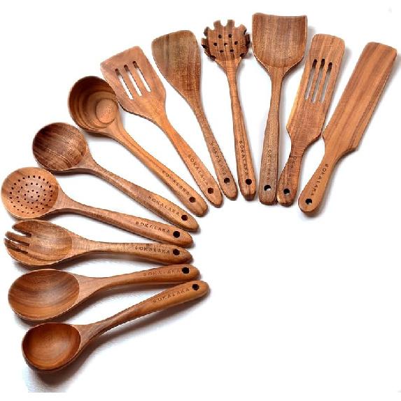 Wooden Spoons for Cooking,10 Pcs Natural Teak Wooden Kitchen Utensils Set Wooden Utensils for Cooking Wooden Cooking Utensils Wooden Spatulas for