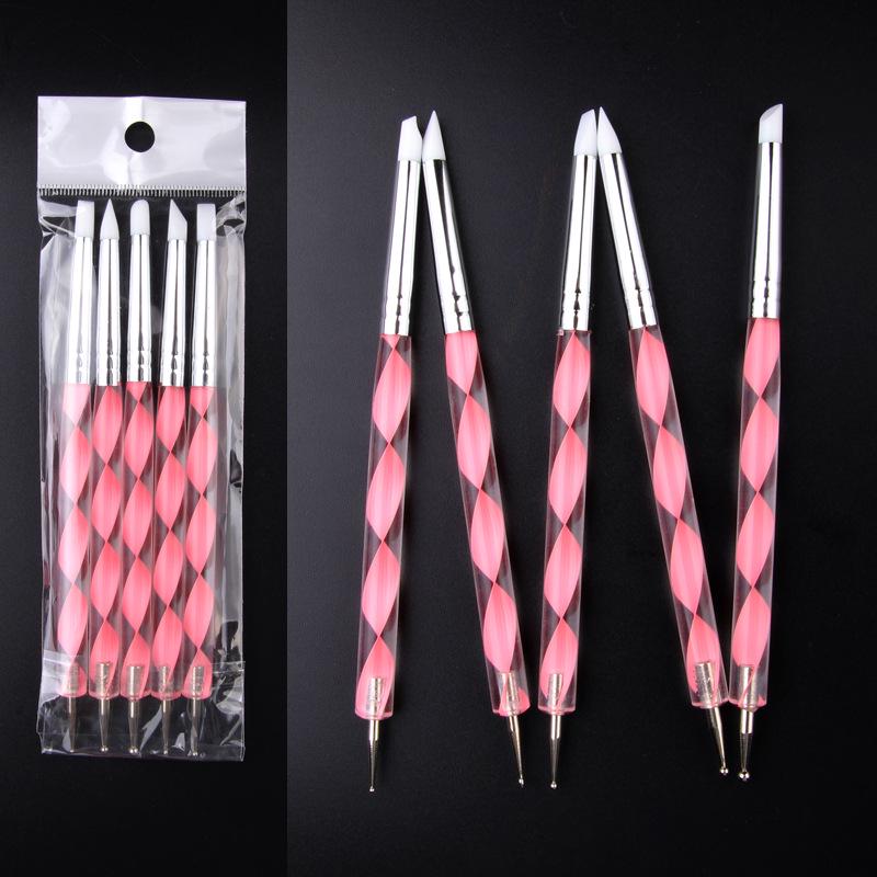 

Nail Art Dual-Ended Pen: Acrylic Rod, Silicone Dotting, Rhinestone Picker, Polymer Clay Tool & Detail Brush 5-piece Set