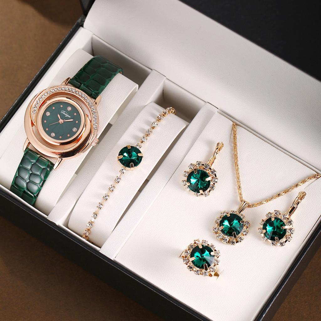 Womens Fashion Snake Print Leather Watch Jewelry Set With Diamond Accents For Gift