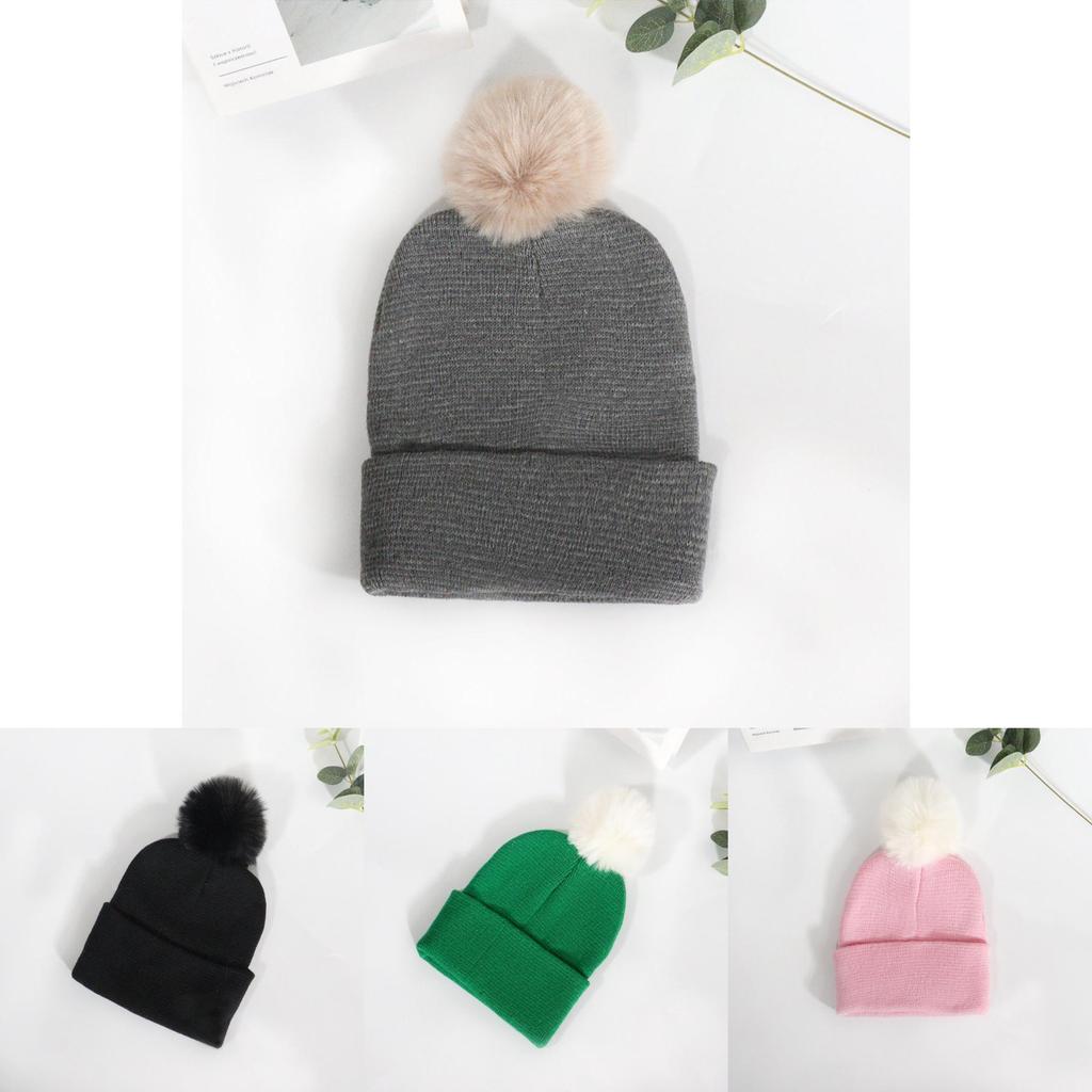 Warm Solid Color Plush Ball Acrylic Knit Cap For Fall Season Fashion