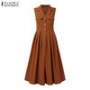 ZANZEA Women Summer Turn Down Collar Casual Sleeveless Long Dress