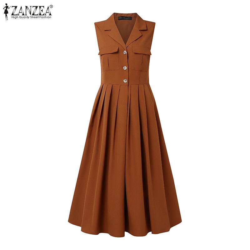 ZANZEA Women Summer Turn Down Collar Casual Sleeveless Long Dress