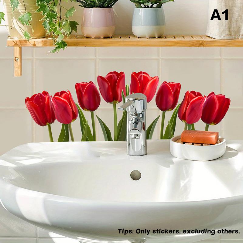 Floral Sink Area Background Wall Sticker Bathroom Sticker Self-Adhesive Removable Waterproof Backsplash Decoration Home Decor