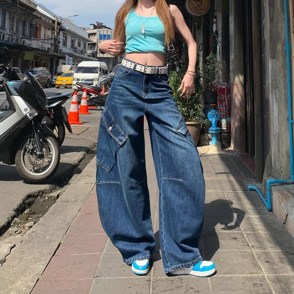 Spring Summer Vintage Saber Cut Relaxed Drape Scythe Wide Leg Denim Pants For Women Casual Pants Oversize Denim Trousers
