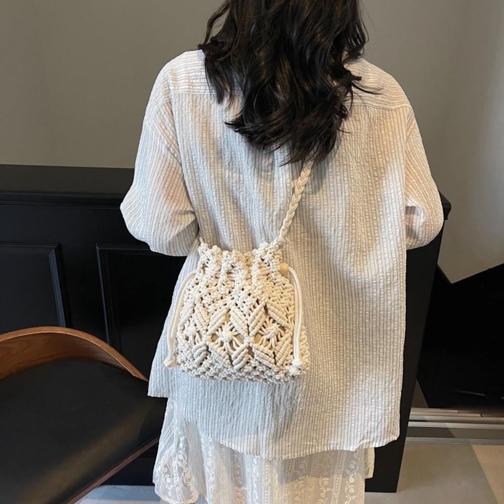Kleine Eimer-Handtasche im frischen Stil, durchbrochen, mit Kordelzug, Umhängetasche, gewebte Strandtasche, für den Freizeitgebrauch