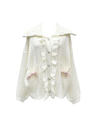 Yumetembo Women's Sailor Collar Frill Cardigan, 535152, White with Pink Ribbon