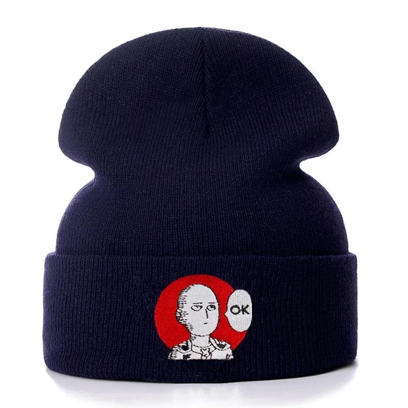 One Punch Man Ok Unisex Cotton Cartoon Embroidered Beanies Casual Hats Knitted Winter Hat Hard Hip Hop Skull Bonnet Hat