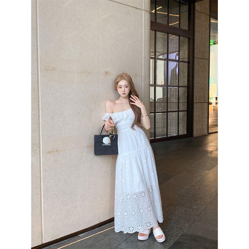 Kumikumi French Sweet Girl Style New Arrival off-the-Shoulder White Dress Women's Summer Waist Slimming A- line Skirt Long Dress