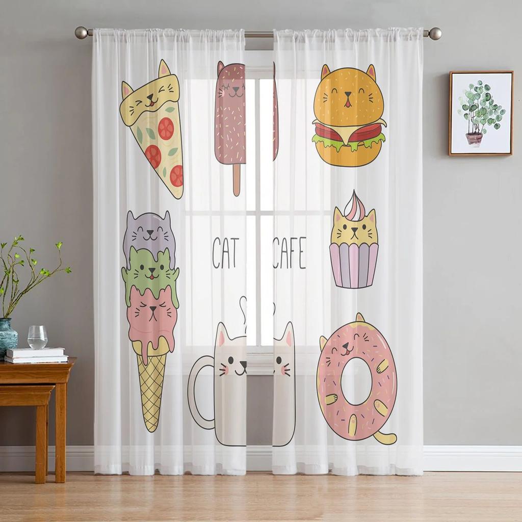 Cartoon Food Ice Cream Cup Sheer Window Curtains for Living Room Bedroom Kitchen Room Chiffon Tulle Curtains Panel