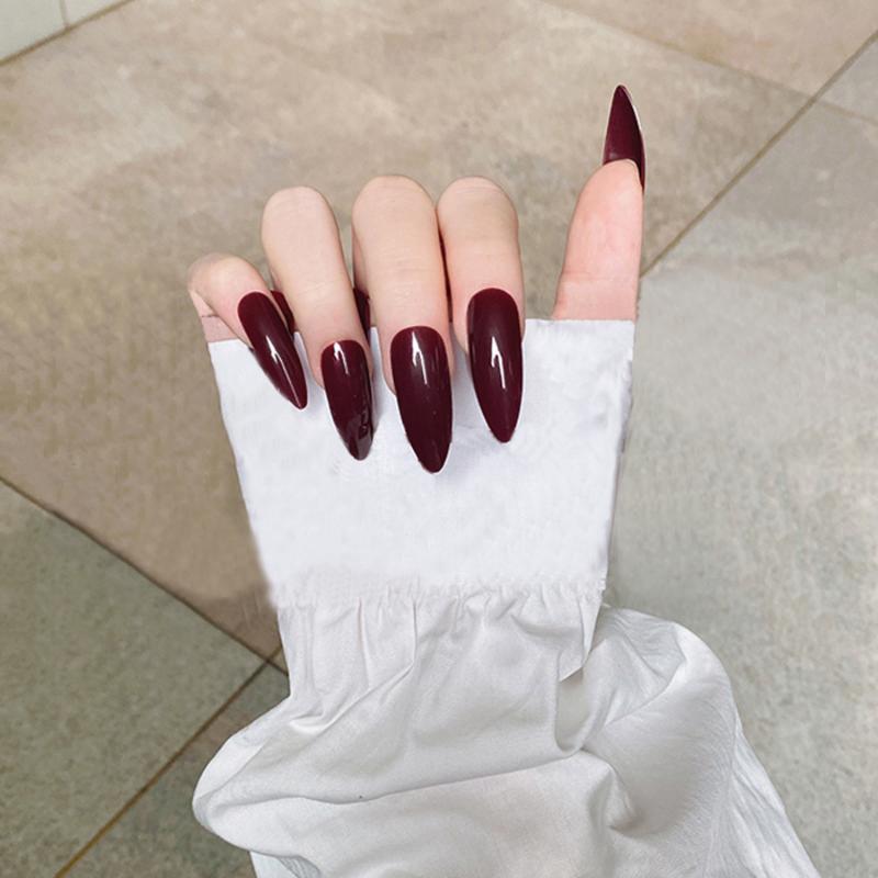 

24 шт./компл. красочные однотонные накладные наклейки для ногтей, быстро и легко носить длинные наклейки для дизайна ногтей вино красного