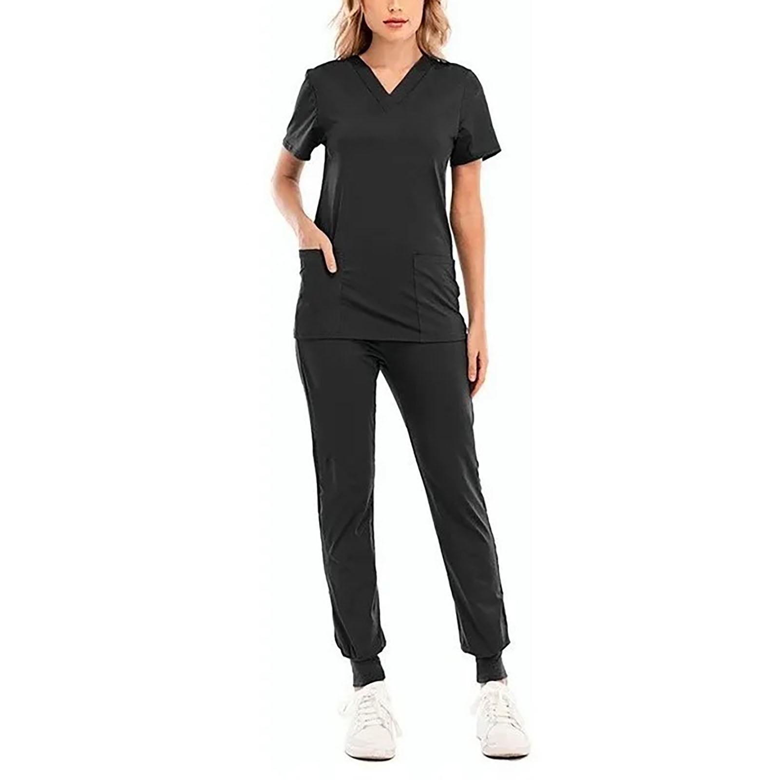 

Women Surgical Uniform Professional Simple Soft Breathable Short Sleeve V Neck Tops and Pants Black S чёрный
