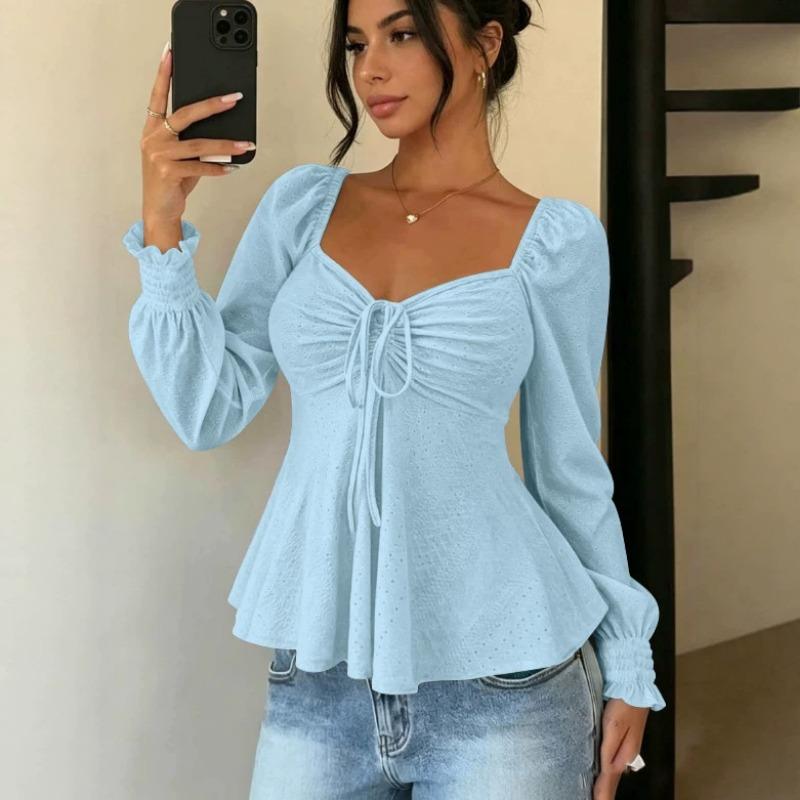 Women V Neck Drawstring Ruched Solid Color Loose Long Sleeve Casual T Shirt