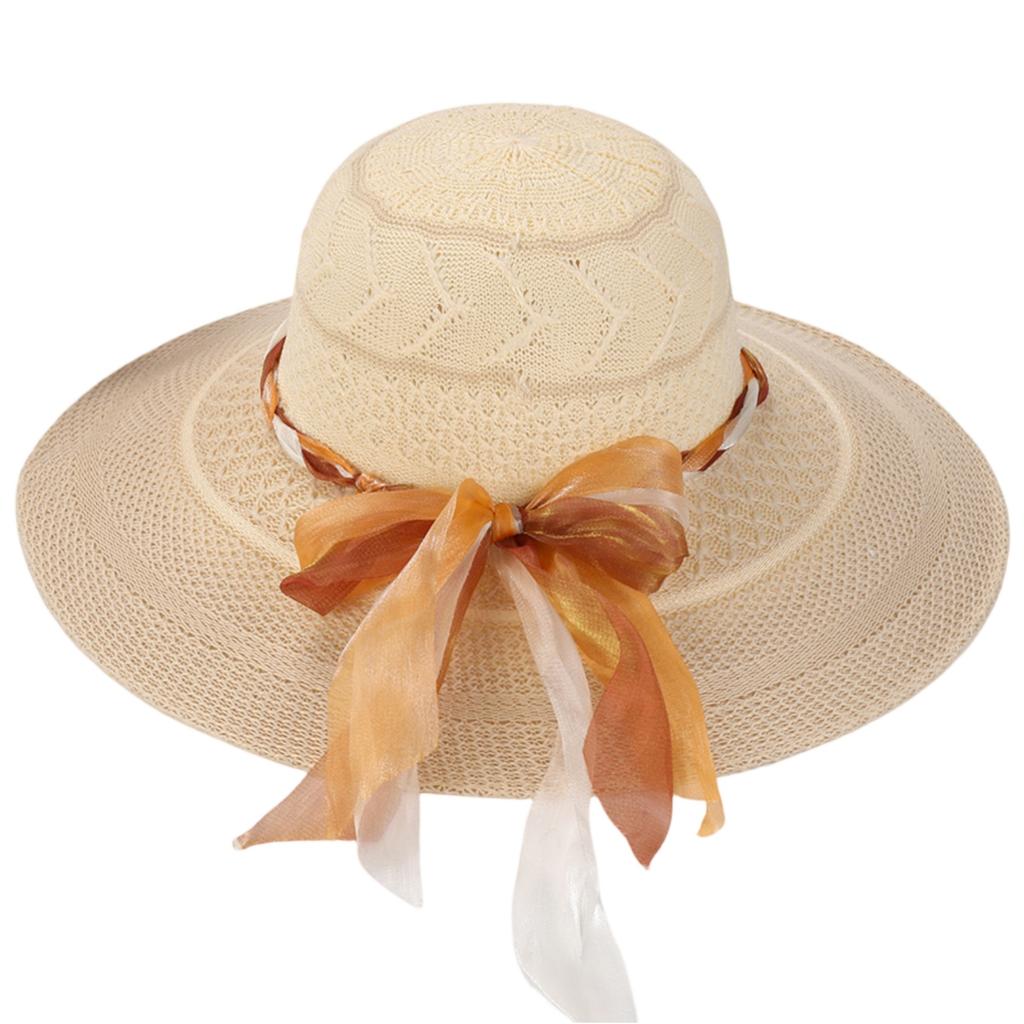 Women Foldable Wide Brim Sun Hat Beach Straw Hat with Decorative Ribbon for Outdoor Travel Garden Use
