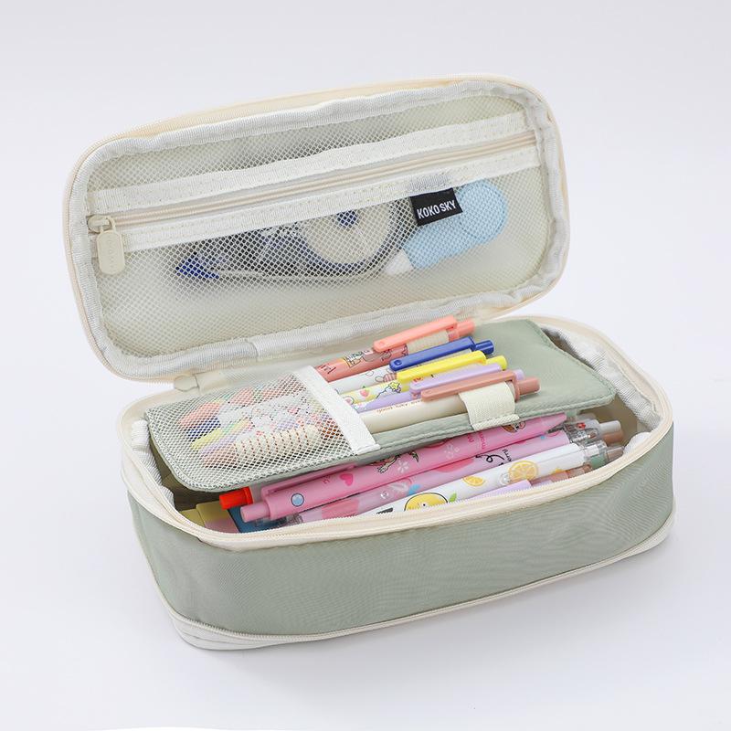 Colorblock Canvas Telescopic Pencil Case, Multifunctional Double Zipper, Convertible, Large Capacity Pencil Bag for Students