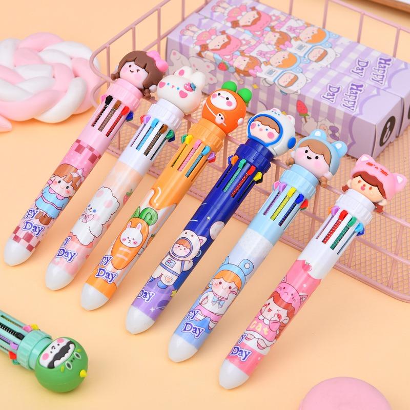 1Pc10 Colors Cute Cartoon Ballpoint Pen Kawaii Multi-Color Writing Supplies Notes Paintings Hand-Held Pens Student Gift