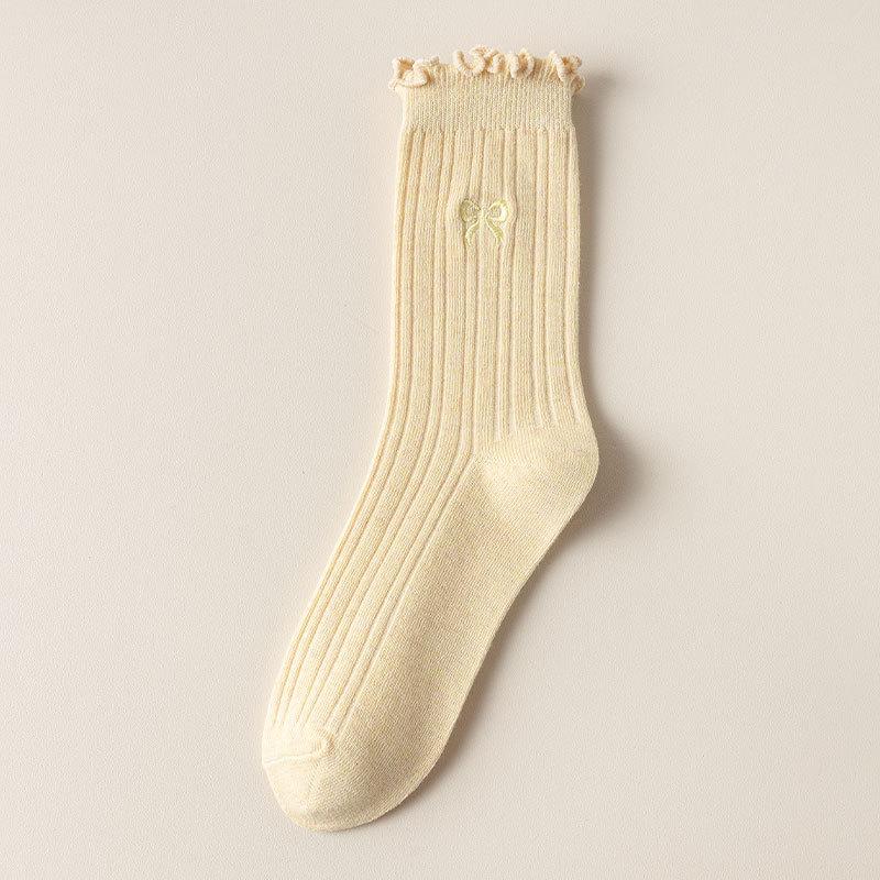 Ladies Spring and Autumn Thin Wooden Ear Embroidered Bow In The Tube Pile Pile Cotton Socks