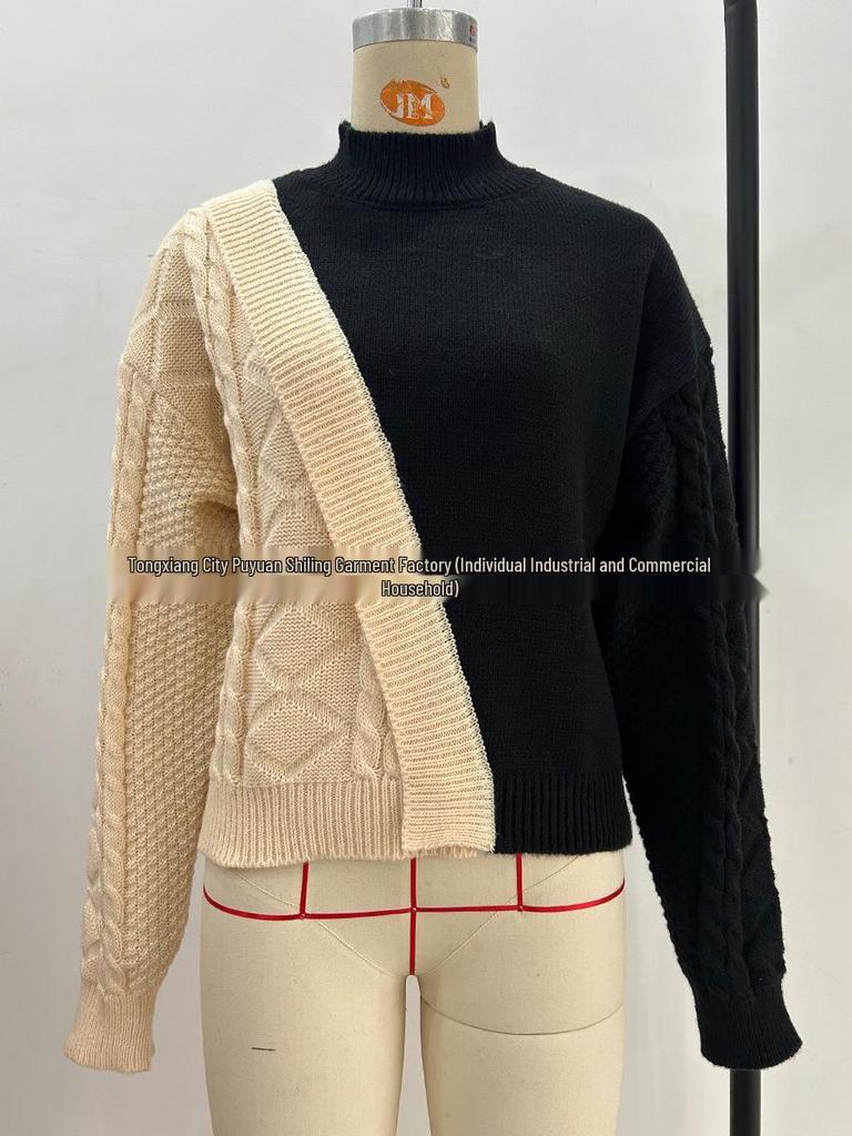 Women's Color Block Half-High Collar Cable Knit Sweater - Autumn/Winter European & American Loose Casual Style