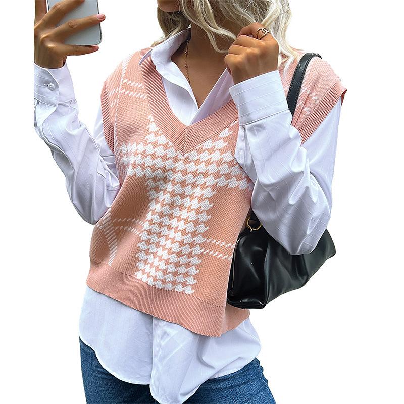 Vintage Fashion Elegant Casual Autumn and Winter Women's Kilobird Check Knitted Sweater Vest