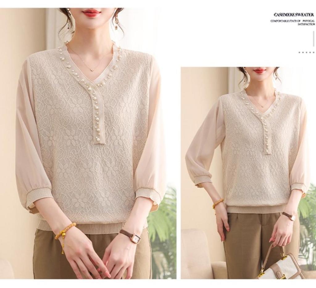 Chic Pearl-Embellished Lace Patchwork Loose T-shirt for Mature Women