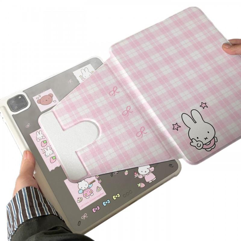 Pink Grid Miffy Tablet Case IPad Air 7/6 Mini Rotating Stand Pro Pencil Holder
