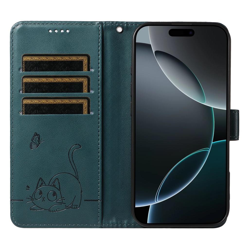 Leather Wallet Flip Case For OPPO A57S A77 A15 A15S A16 A16S A54S A17 A96 4G 5G Cat and Butterfly Embossed,Wrist Strap
