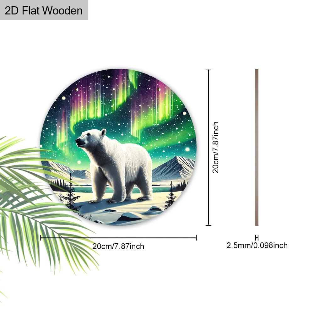 Wooden Sign with Polar Bear & Aurora Pattern, Round Sign for Front Door, Wall Hanging Decor, Ideal Gift for Friend & Family
