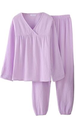 Double Comfortable Sleepwear Women's Spring/Summer Pajamas, 100% Cotton, Gauze, V-Neck, Moisture-Wicking, Quick-Drying, (L, Lavender)