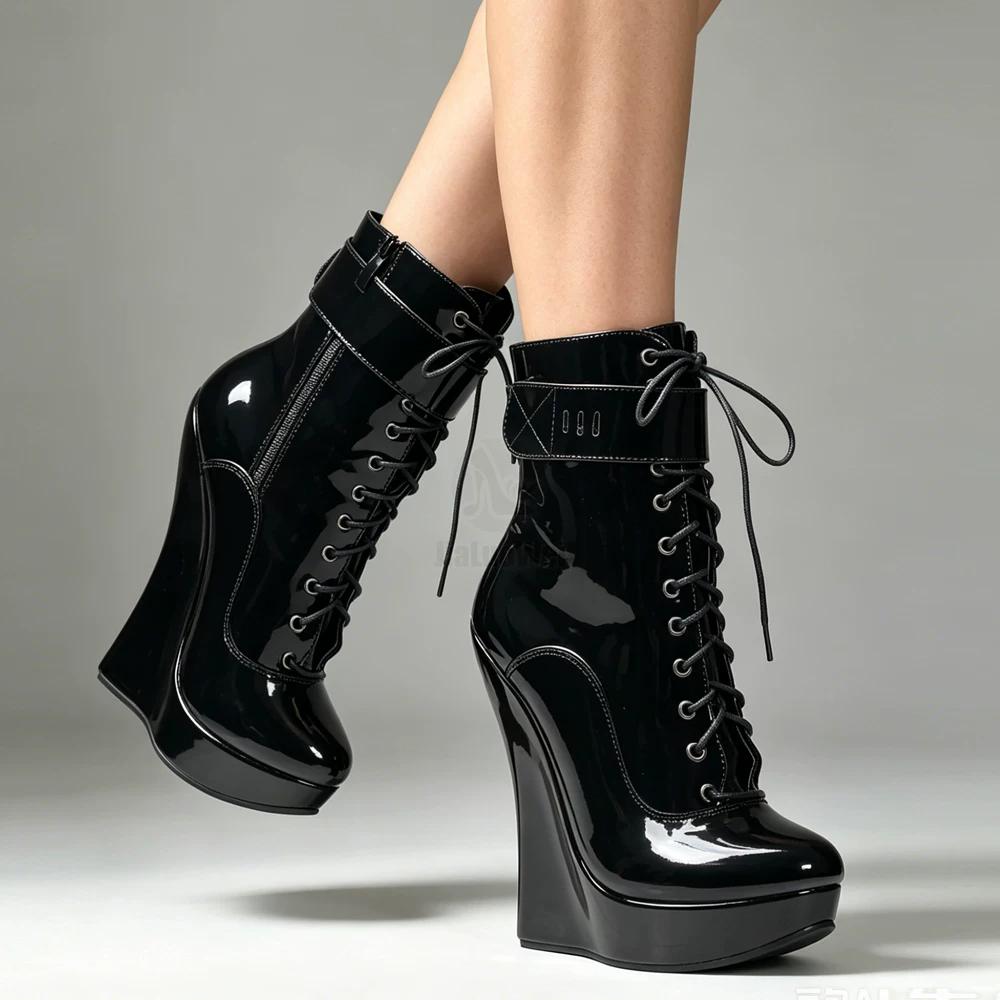 Women Sexy Fetish Super High 18cm Super Wedge Heel Pointed Toe Zipper Cross-tied Ankle BALLET Boots Plus Size