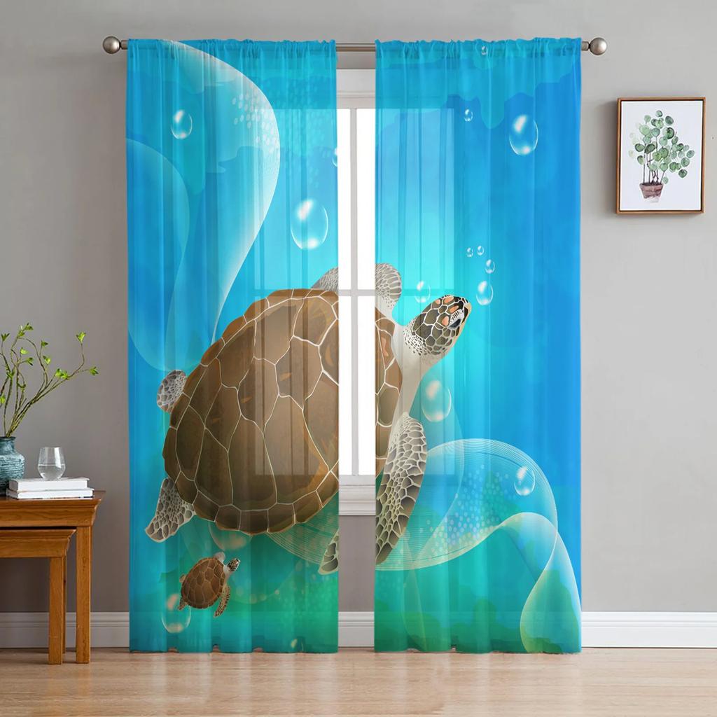 Sea Turtle Ocean Creature Landscape Voile Curtains Living Room Bedroom Transparent Tulle Window Drapes Curtain With Sheer Polyester Perfect For Area