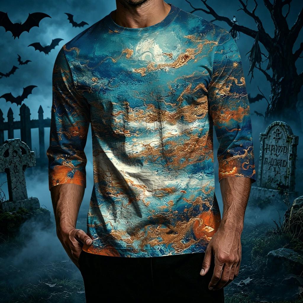 Men's Casual Halloween Print Crew Neck T Shirt Three Quarter Sleeve Top with Graphic Design for Seasonal Wear