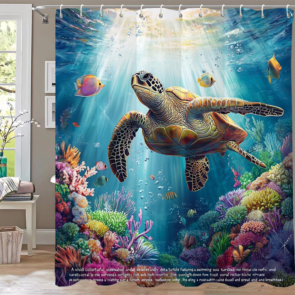 Ocean World Dolphins And Sharks Shower Curtain, Underwater World Bathroom Decorative Curtain, Printed Home Curtain With Hooks