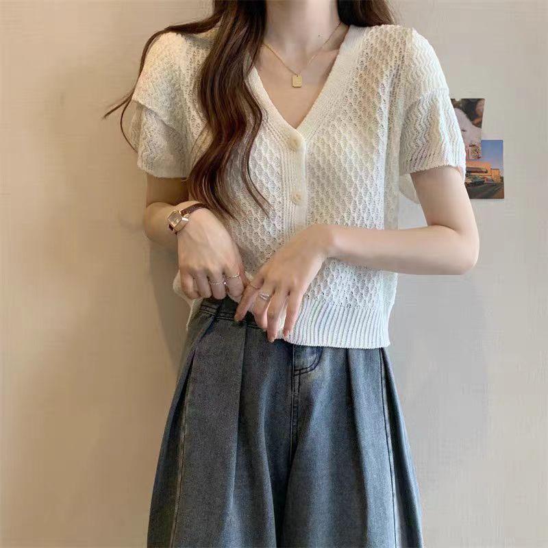 Short Sleeved Knitted Shirt for Summer Women's Clothing Hollowed Out Ice Silk Cardigan for Outerwear