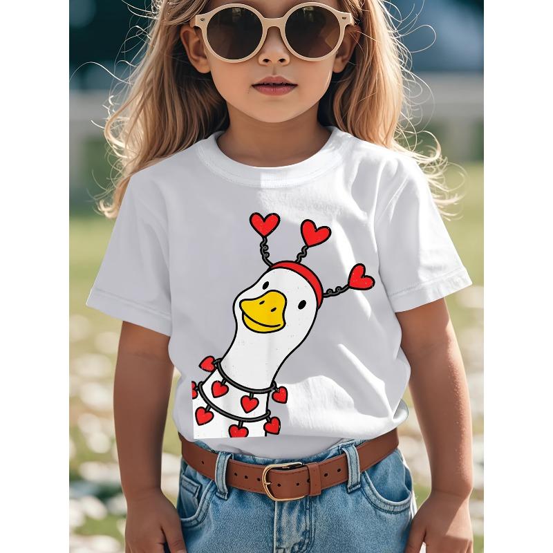 European sizes Boys & Girls Cute Goose Duck Valentines Day T-Shirt - Retro Short Sleeve Shirt with Goose & Duck Graphics, Round Neck Casual Top