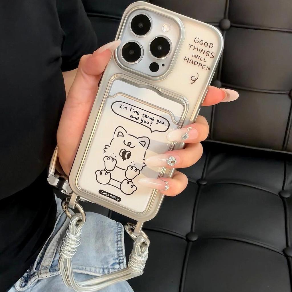 Electroplated Lanyard Card Holder with English Lines Puppy Full Edge TPU Frosted Hard Shell Japanese and Korean Airbag Anti-fall Cartoon Shell