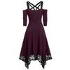 Women Fashion Solid Color Punk Plus Size Lace Spaghetti Strap Long Sleeve Gothic Dress