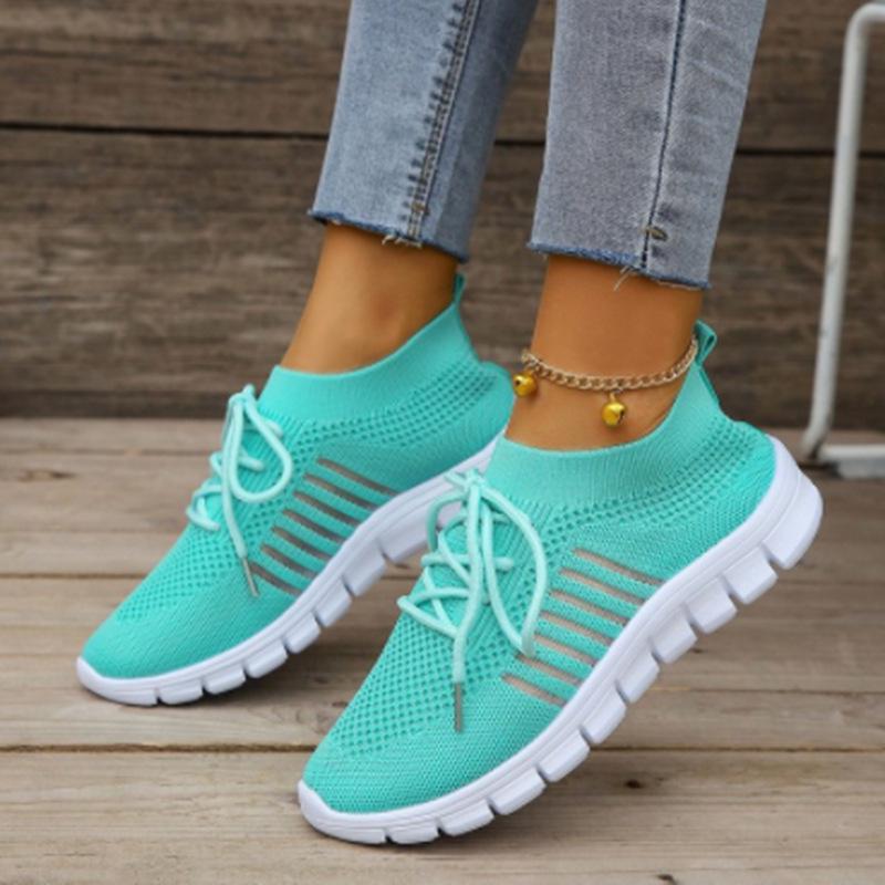 Spring/Summer Women's Flyknit Lace-Up Sneakers - Breathable Mesh Platform Running Shoes