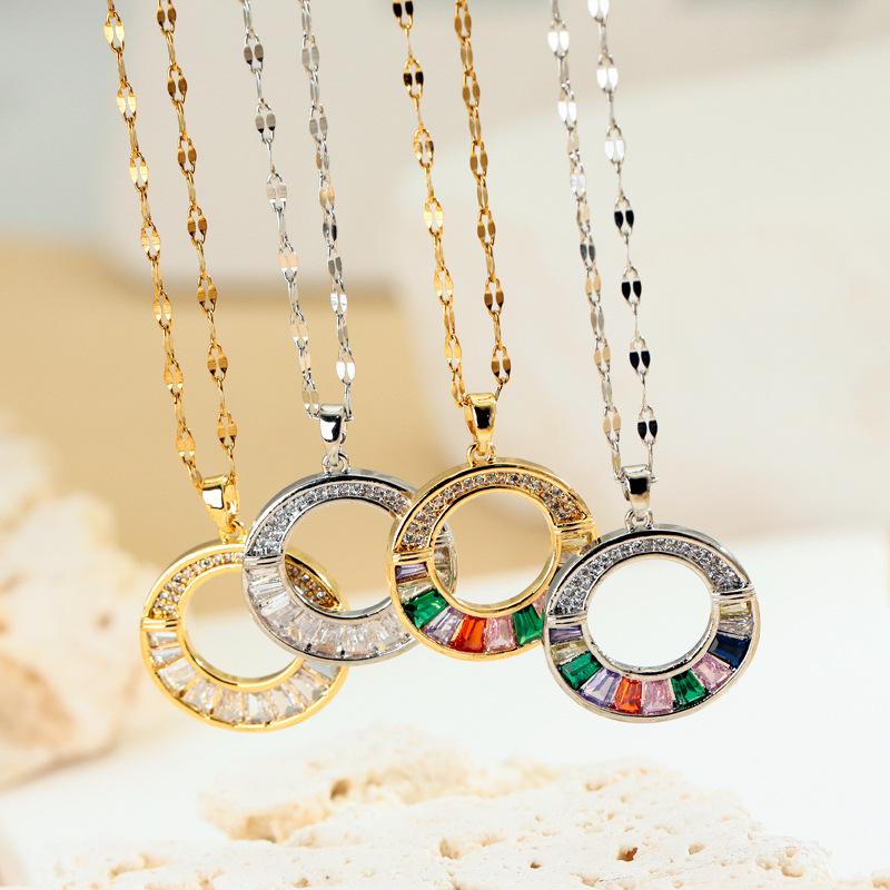 Trendy Colorful Zirconia Donut Pendant Titanium Steel Necklace for Women