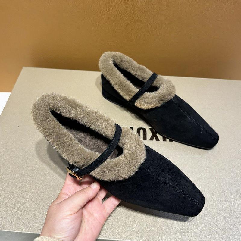 Elegant Mary Janes Woman Chic Brand Design Fur Low Heel Dress Shoe Ladies Winter Warm Plush Belt Pump Women Fur Shoes with Heels