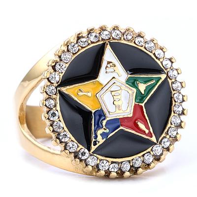 Zlatý smaltovaný prsten Hvězda s diamantem, Vintage prsten šperku zednářského stylu