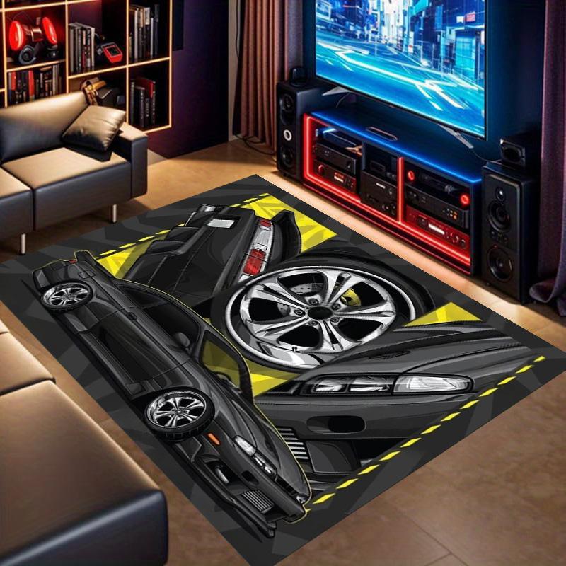 Black Tuned JDM Coupe Yellow Accent Comic Print Area Rug Non‑Slip Rectangular Floor Mat Auto Fan Decor for Gaming Bedroom Living Room