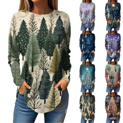 Women's Loose Round Neck Christmas Printed Long Sleeved T Shirt Top Pullover Long Sleeved Sweatshirt