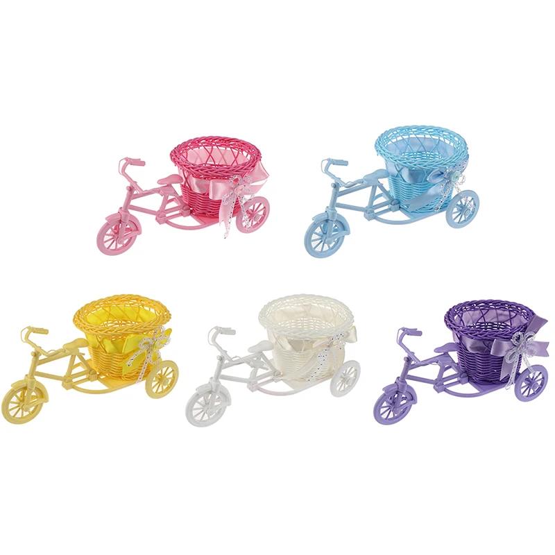 1PC Small Beautiful Plastic Tricycle Bicycle Flower Basket Vase Storage for Wedding Party Home Office Table Desk Decor White pot