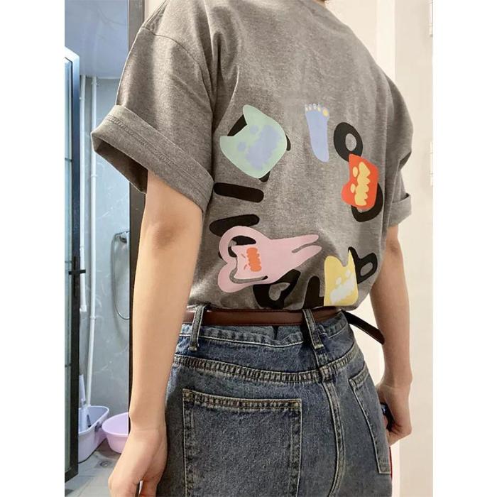 

Футболки с коротким рукавом из чистого хлопка для женщин 2025 года, летняя повседневная футболка большого размера с принтом в виде букв в стиле Харадзюку, серые топы Y2K в стиле хип-хоп, уличная одежда 3XL серый