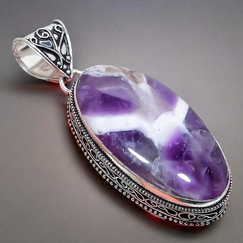 Améthyste Chevron Pierre Précieuse Fait Main Bijou Argent Sterling 925 Pendentif 2.17" AH-873